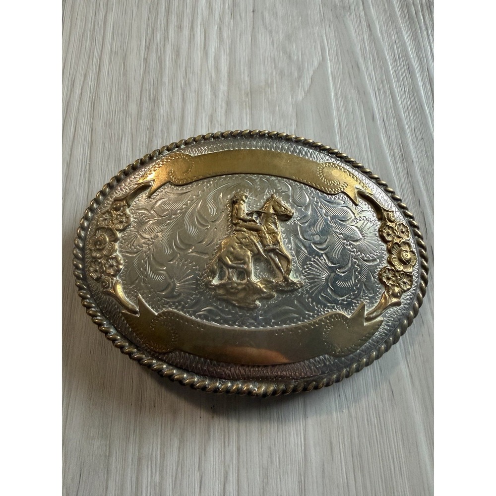 Cowboy Horse Belt Buckle Vtg Paco Mexico Two Tone Oval Rope Edge Floral
